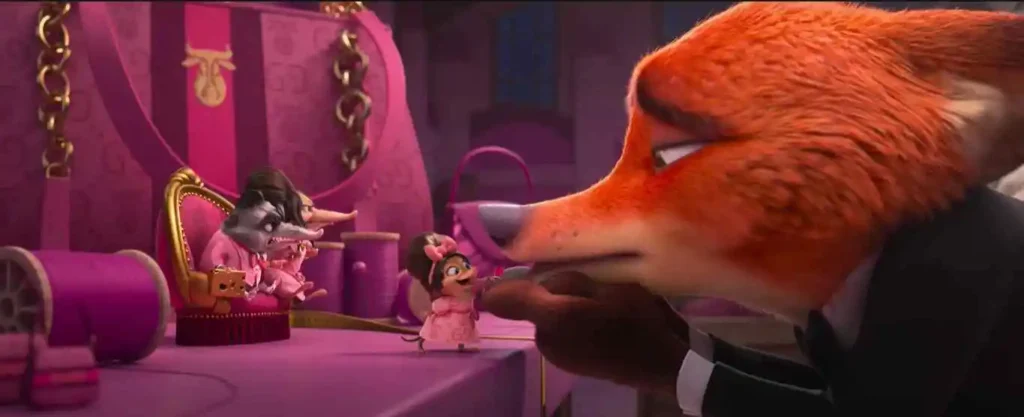 Nick Wilde kissing the ring of Mr. Big’s granddaughter in Zootopia 2 trailer with Mr. Big and his daughter watching.